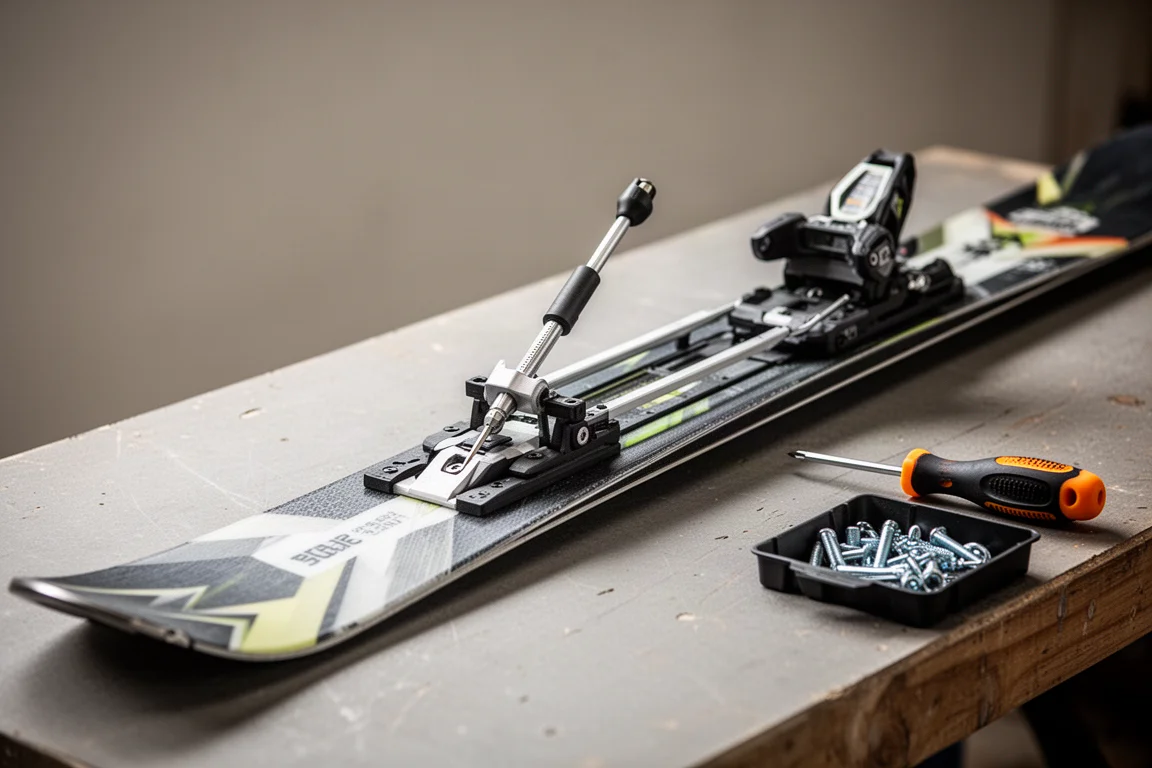 Point de montage de fixation de ski marqué sur la base d'un ski dans un atelier