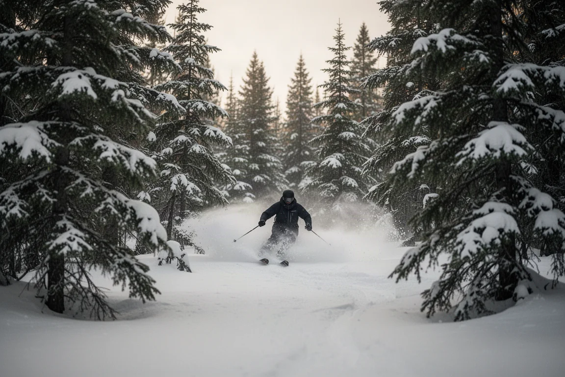 Skieur carving dans une clairière de conifères enneigée avec gerbe de poudreuse