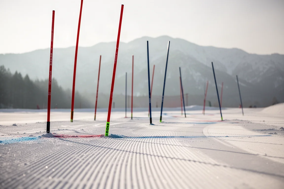 Piquets de slalom rouges et bleus sur une piste de course damée à la lumière du matin