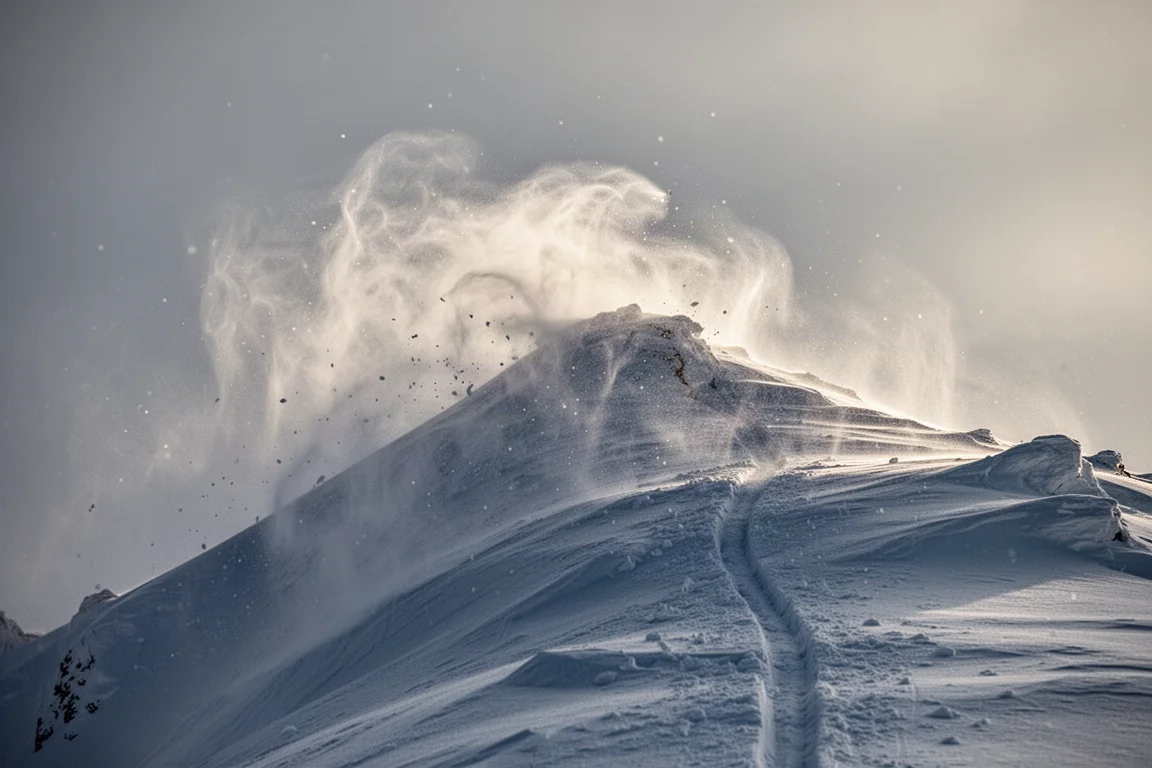 Le vent arrachant la neige d'une crête alpine avec des traces de ski au sommet