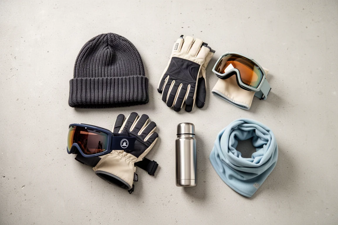 Vue de dessus d'équipement de ski incluant masque, gants et bonnet sur béton