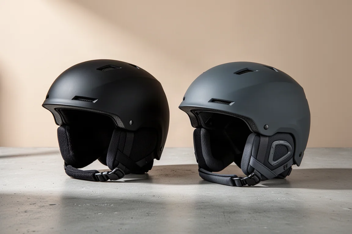 Two ski helmets on a concrete surface, one with soft ear flaps and one with hard ear shells