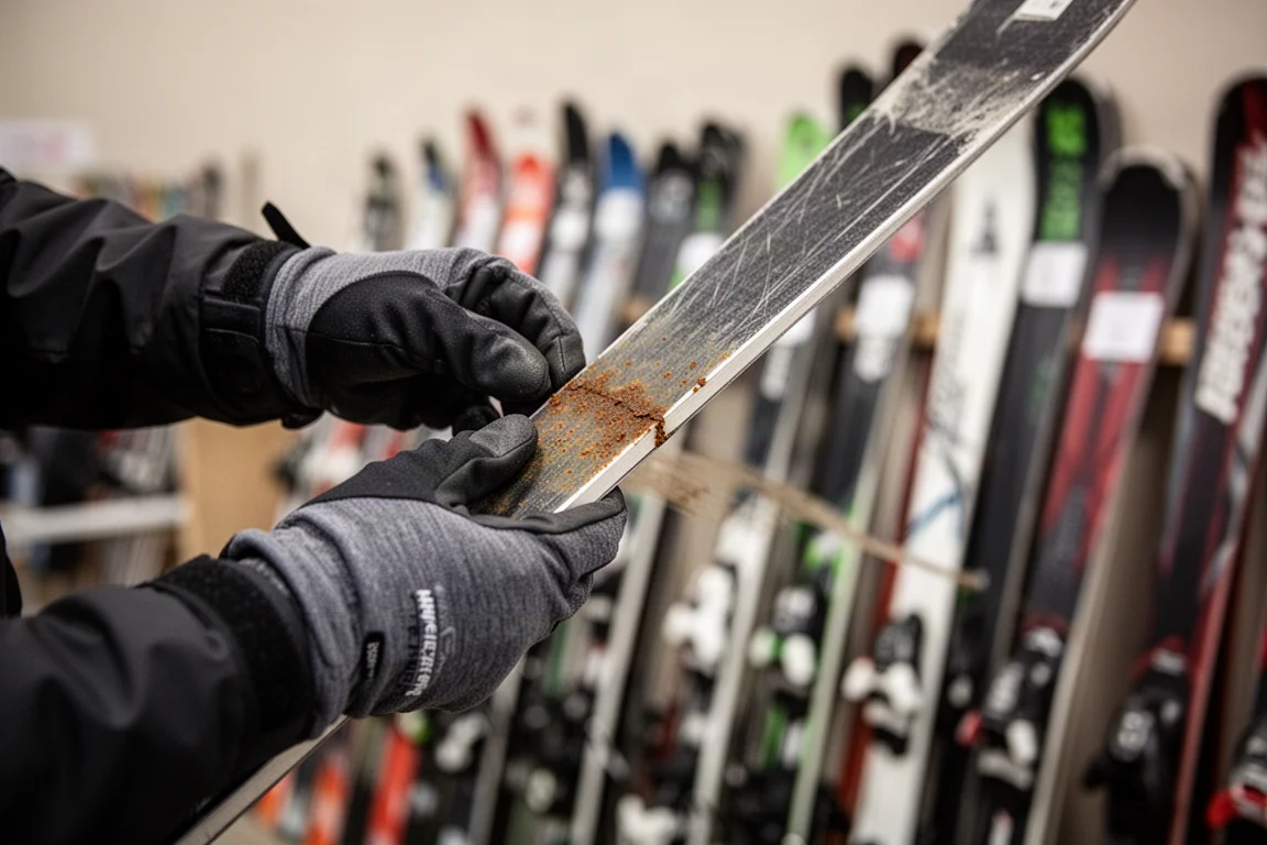 Gloved hands inspecting a used ski edge at a ski swap