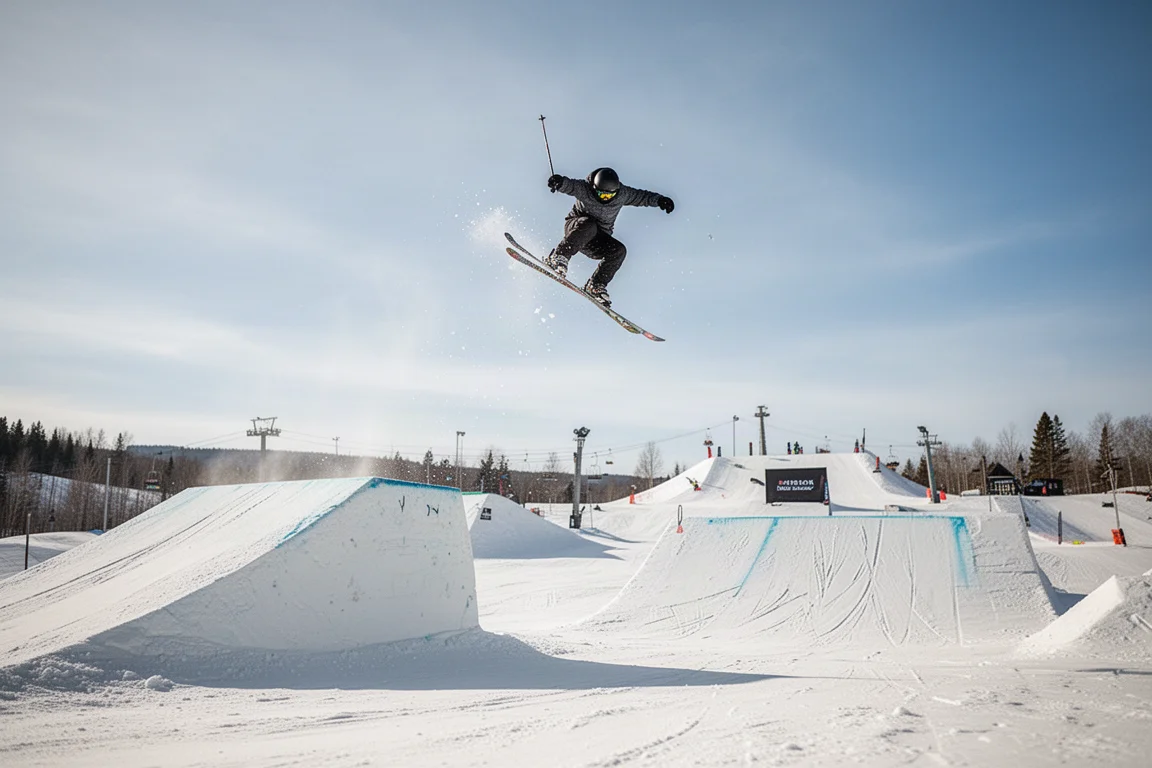 Freestyle skier performing a trick over a park jump