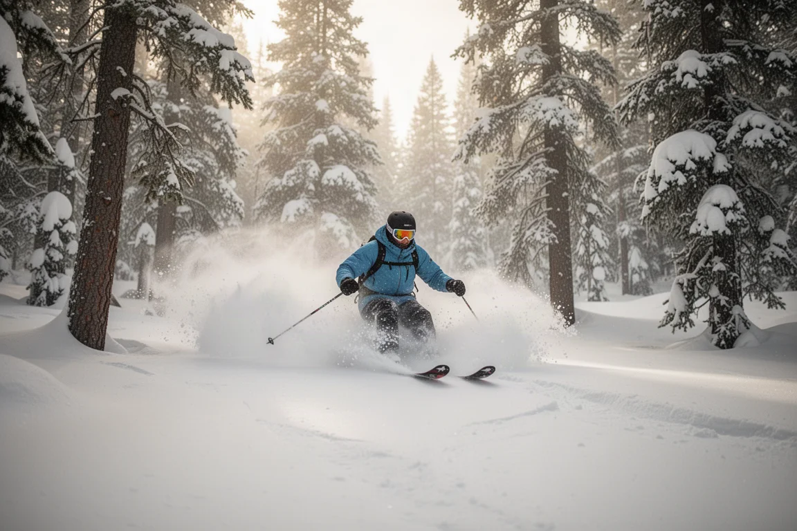 Skier making turns in deep powder snow in a gladed area