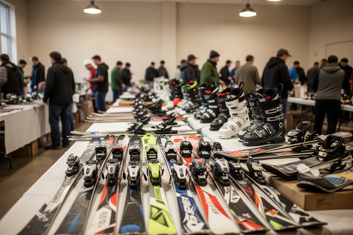 Indoor ski swap event with rows of used skis and shoppers