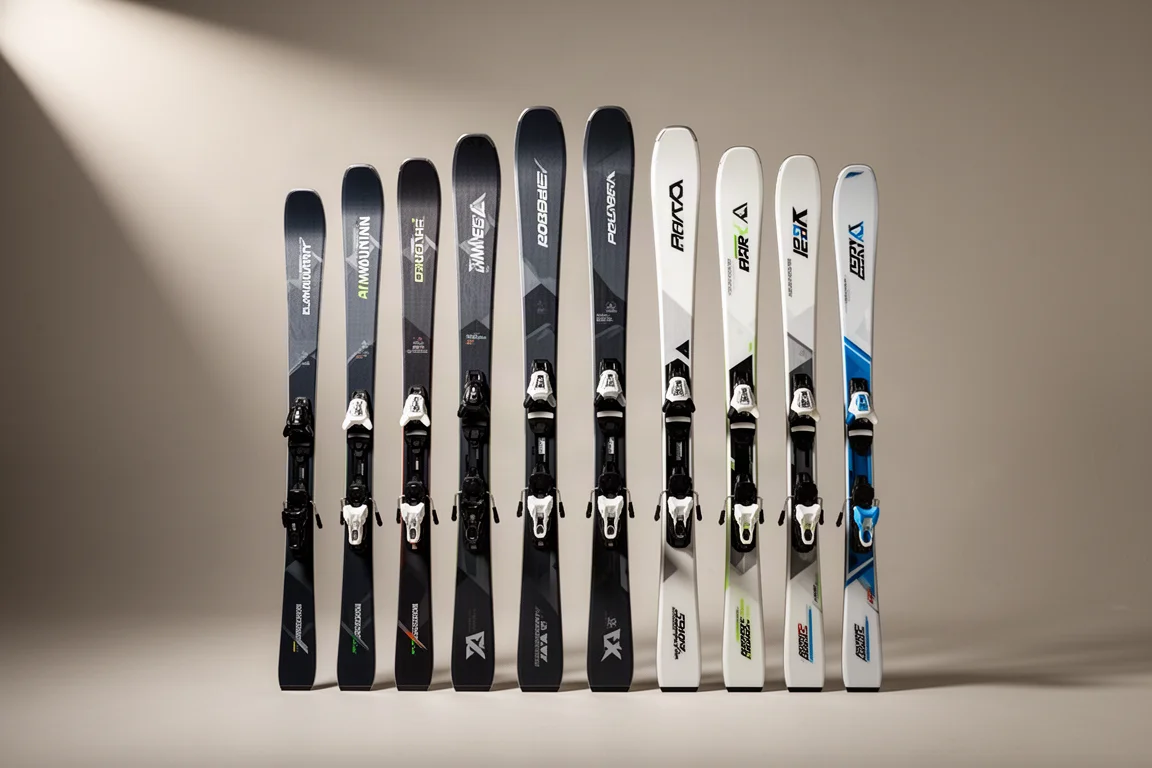 A row of alpine skis standing upright against a neutral backdrop
