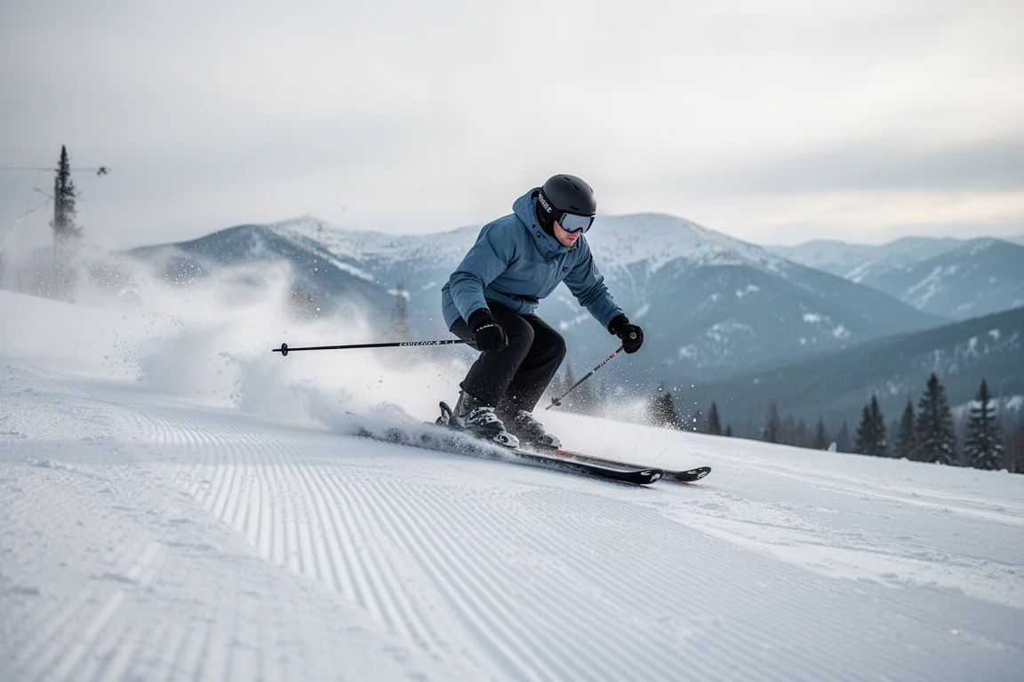 Skifahrer zieht saubere Carve-Schwünge auf festem präparierten Schnee bei klarem Himmel