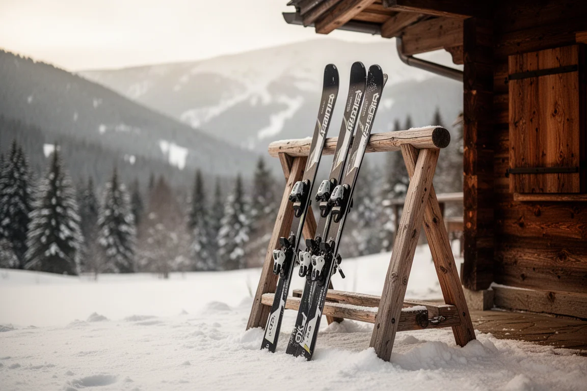 Skis liegen auf einem Skiständer in einer Berghütte