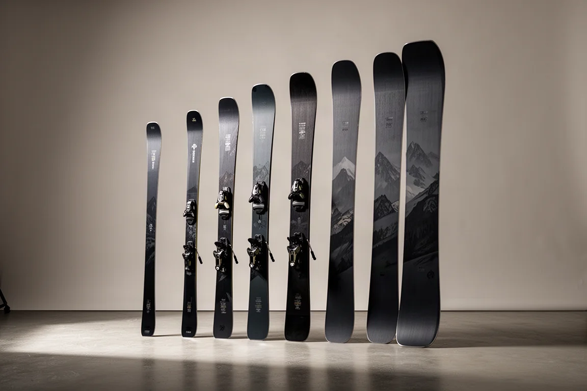 Row of skis from narrow carving to wide powder standing upright on grey backdrop