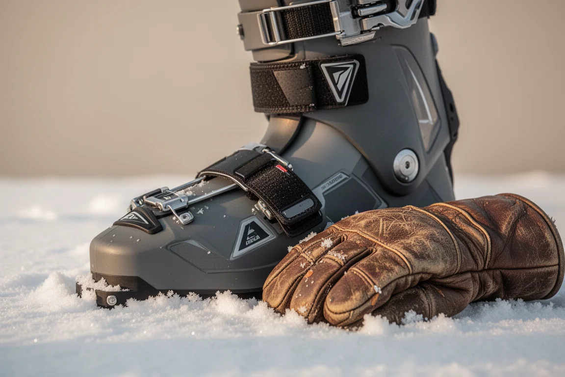Skidkänga med power strap vilande på snön bredvid en läderwant