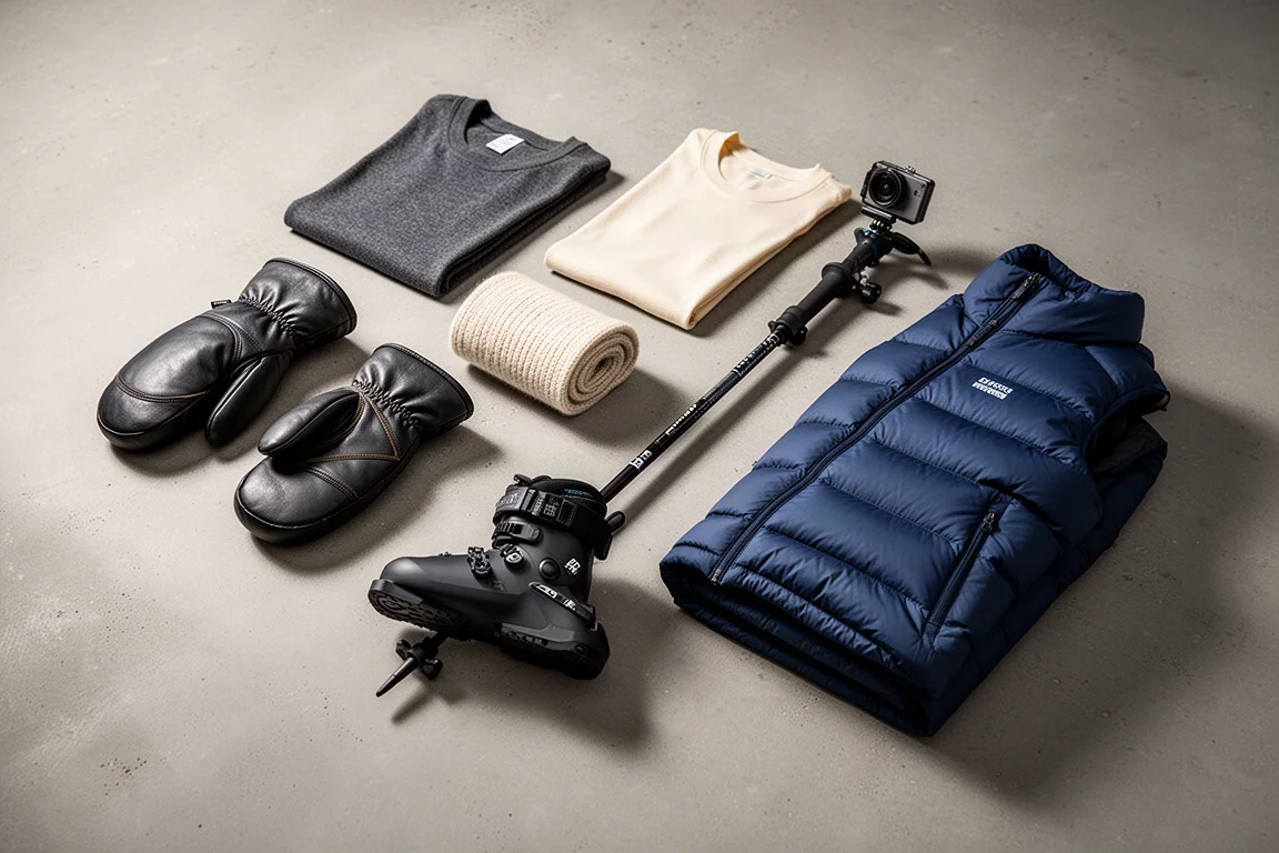 Ski gear flat lay with mittens, base layer, boot, ski pole, and puffer jacket on concrete