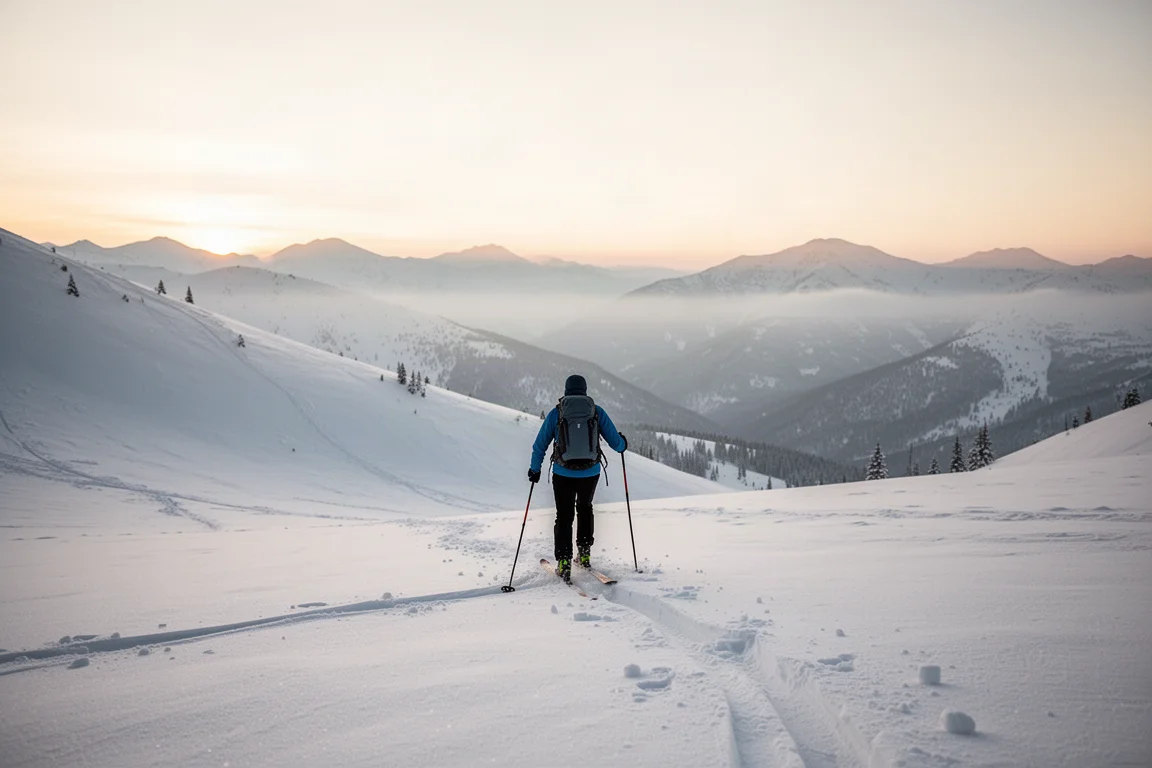 Skifahrer steigen mit Fellen bei frühem Morgenlicht einen verschneiten Berghang hinauf