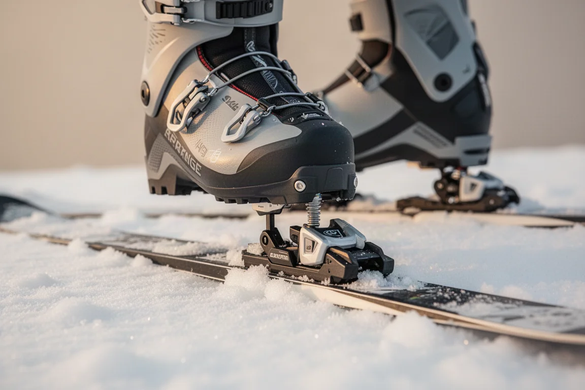 Detailaufnahme von Tourenschuh und Bindung im Schnee