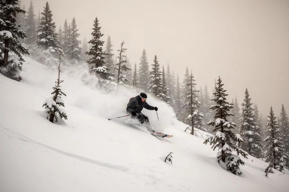 Skifahrer fährt eine steile Pulverlinie zwischen Bäumen hinab