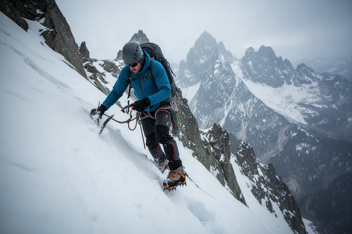 Skifahrer klettert mit Eispickel und Steigeisen eine steile Schneeflank hinauf