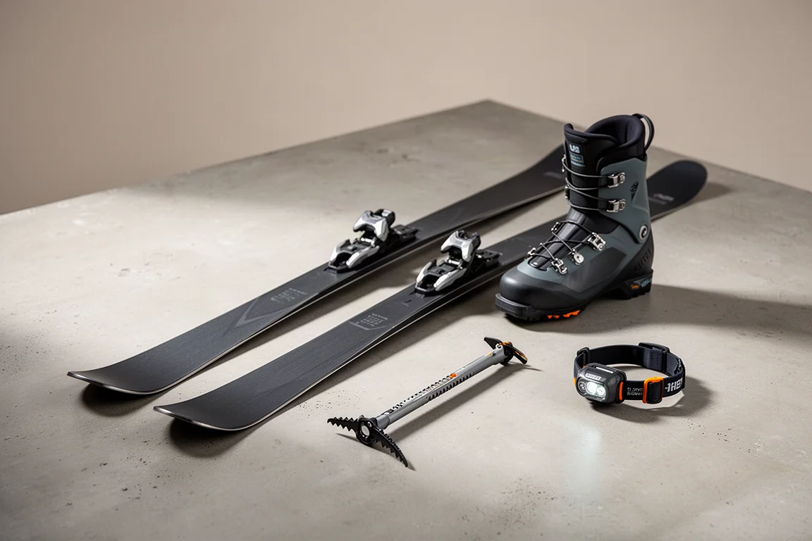 Touring skis, boot, ice axe, and headlamp arranged on a concrete surface