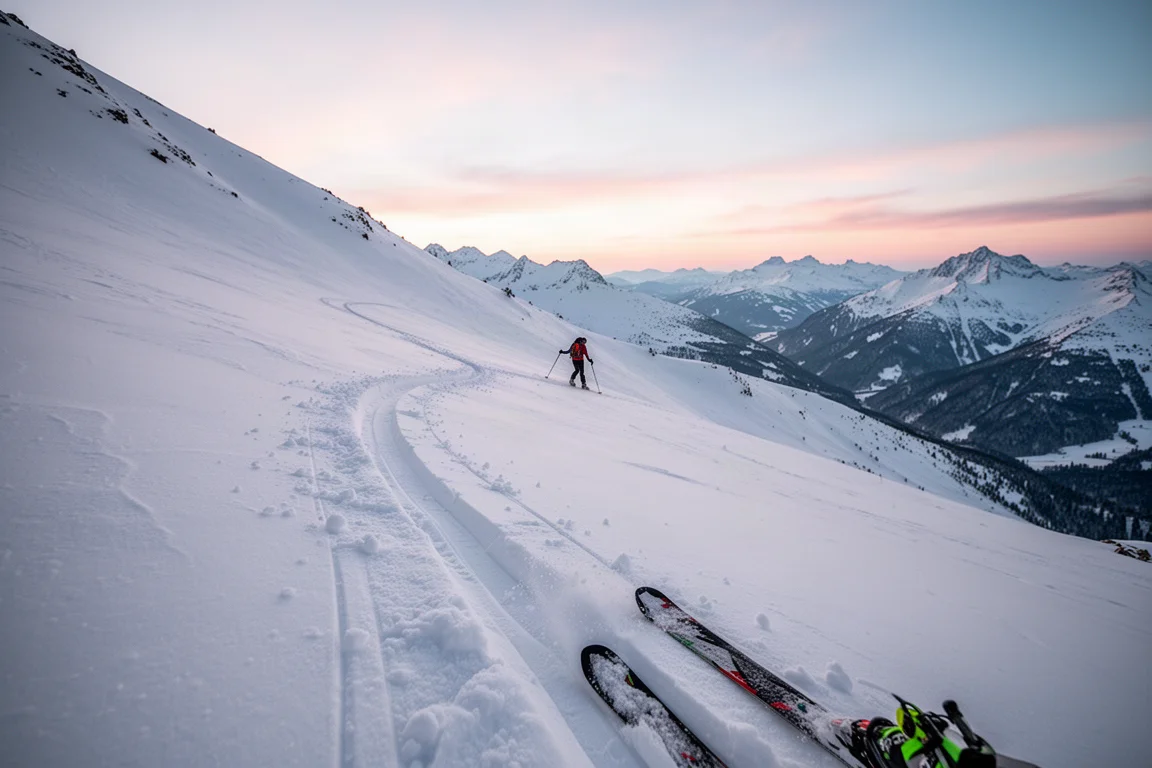 Skitourengeher steigt im Morgengrauen einen langen Schneehang hinauf, hinter ihm eine geschwungene Steigspur