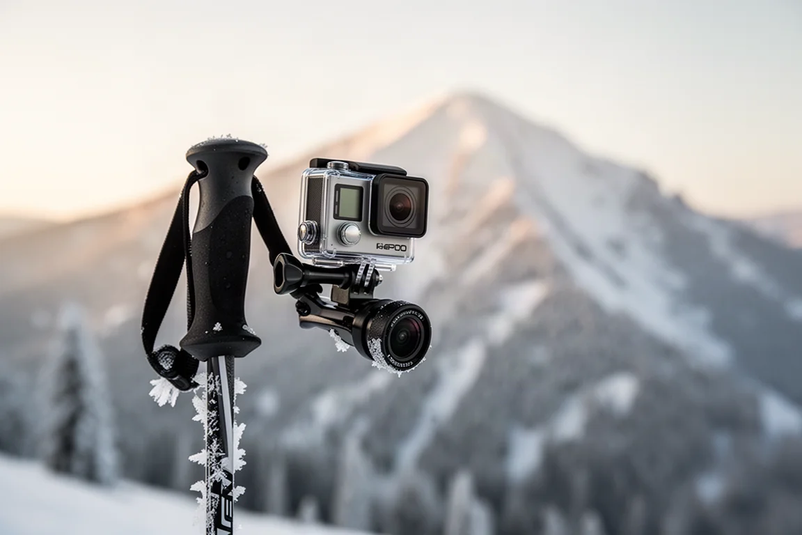 Actionkamera am Griff eines Skistocks befestigt, dahinter ein raureifbedeckter Berggrat