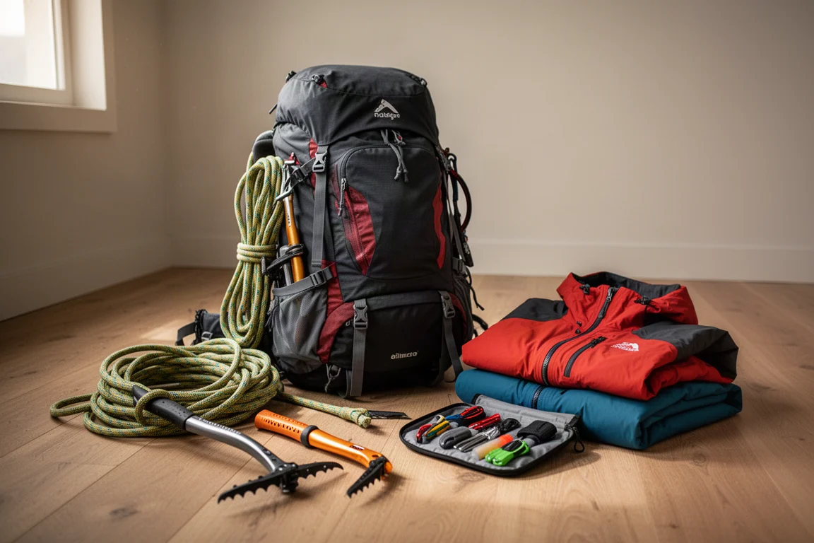 Gepackter Bergsteigerrucksack, daneben Seil, Eispickel und Shelljacke ausgelegt