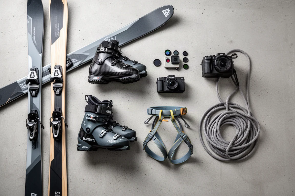 Ski touring skis, boots, cameras, harness and rope arranged in a flat lay on concrete