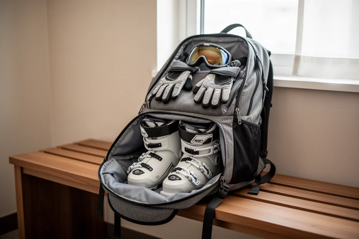 Mochila de viaje abierta sobre un banco de hotel con botas de esquí y goggle en su interior