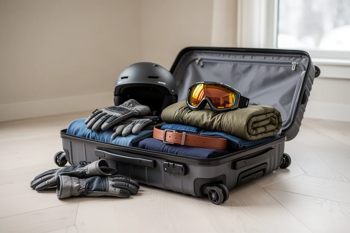 Maleta abierta preparada para un viaje de esquí con casco, goggle, guantes y cinturón
