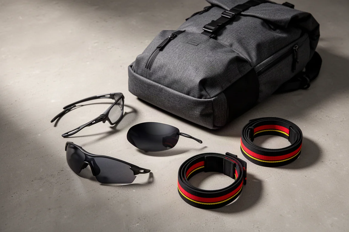 スキー用旅行バックパック、フレームレスサングラス、2本のストレッチベルトがコンクリートの上に並べられている