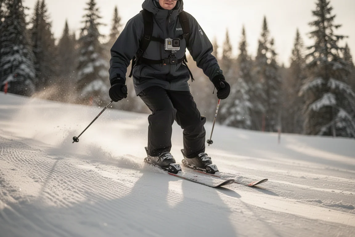 Skidåkare som åker ner i en preparerad backe med en liten actionkamera fäst i ett bröstsele
