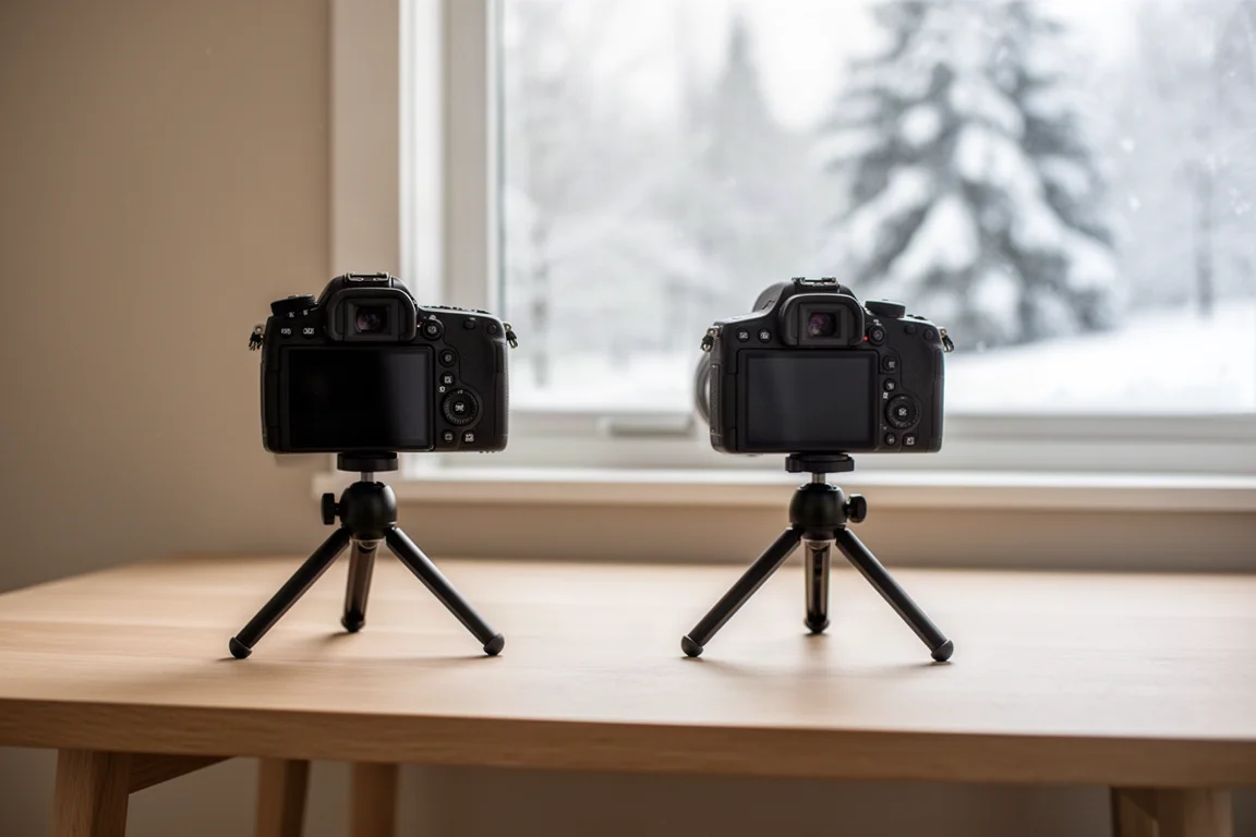 Kompakt DSLR-kamera på ett litet stativ uppsatt för en inomhusinspelning med talande person