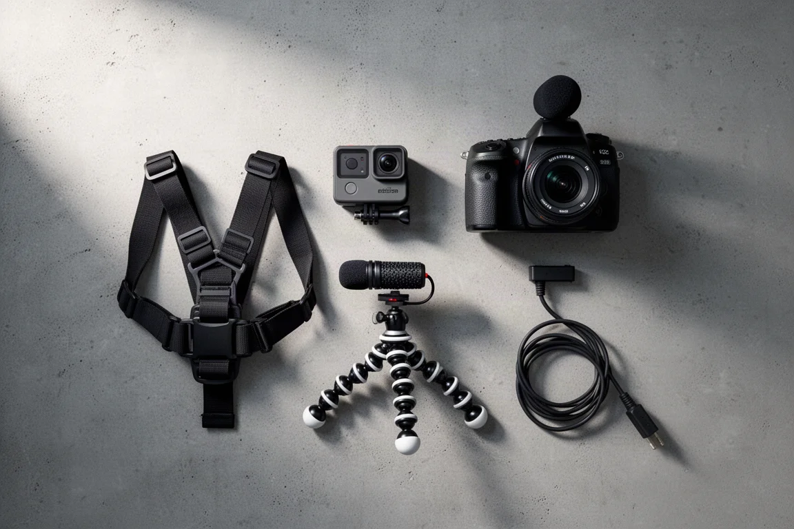 Flat-lay of an action camera, DSLR, mini tripod and shotgun microphone on concrete