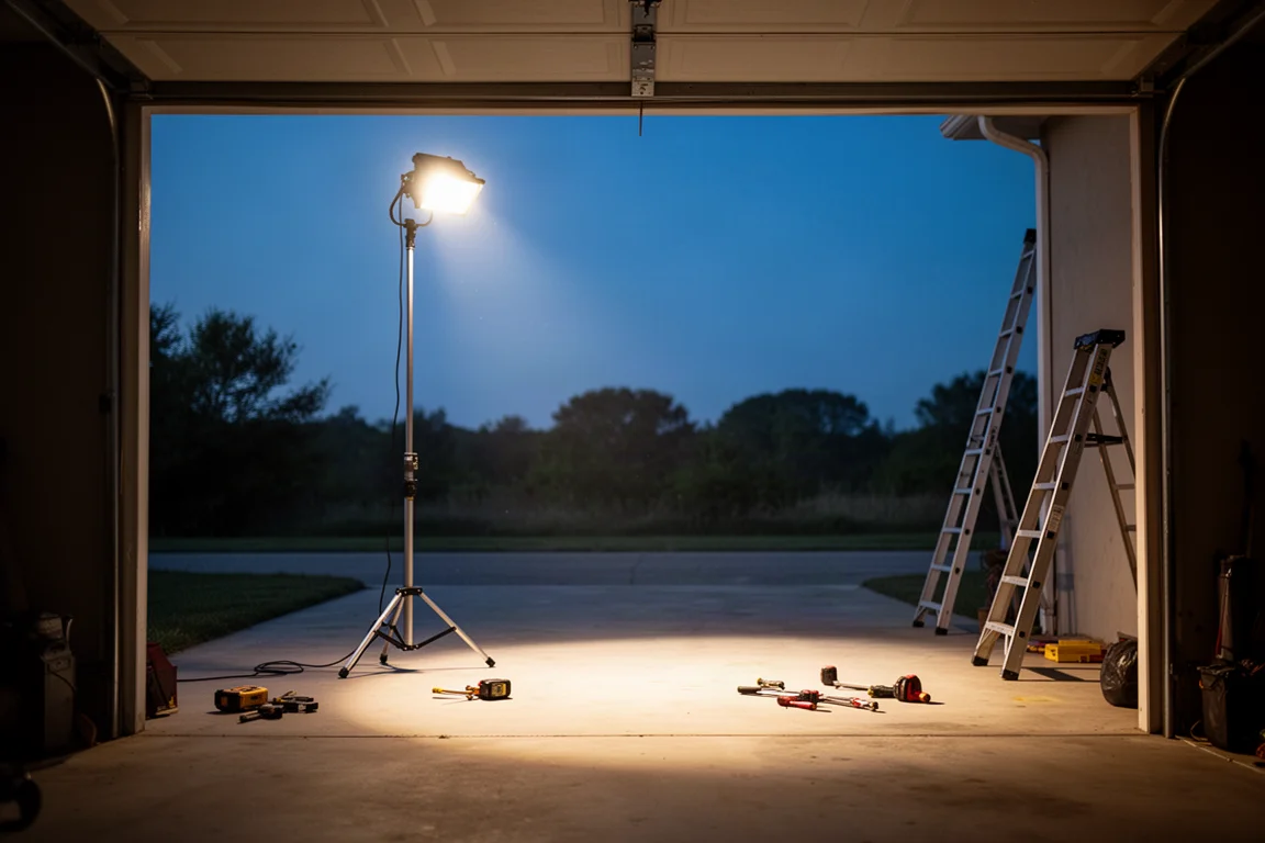 W pełni wysunięte światło wieżowe rzucające jasny strumień na ciemne podwórkowe stanowisko pracy o zmierzchu
