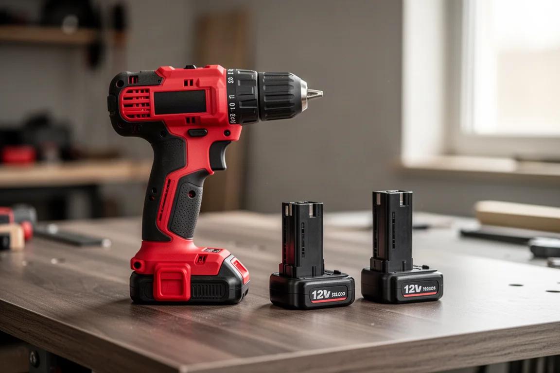 Compact cordless drill driver resting on a workbench beside slim 12V batteries