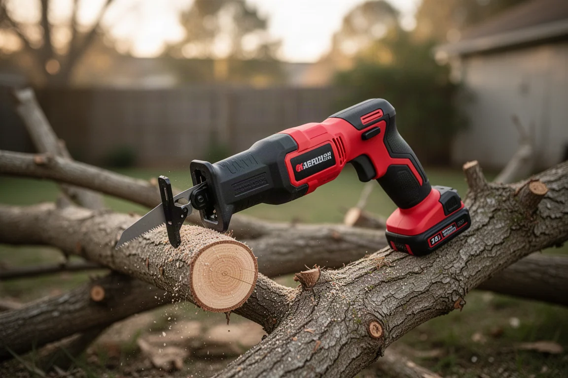 One-handed reciprocating saw resting on tree branches in a backyard setting