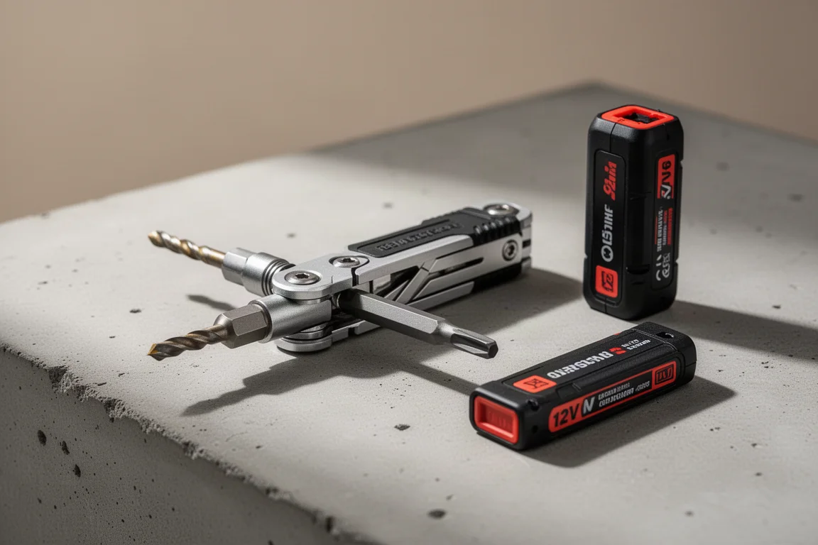 Flip driver with drill bit on one side and driver bit on the other, on a workbench