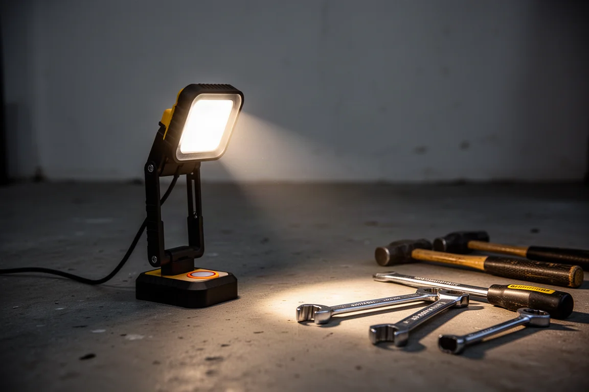 Portable LED work light on a workshop floor casting warm light across tools