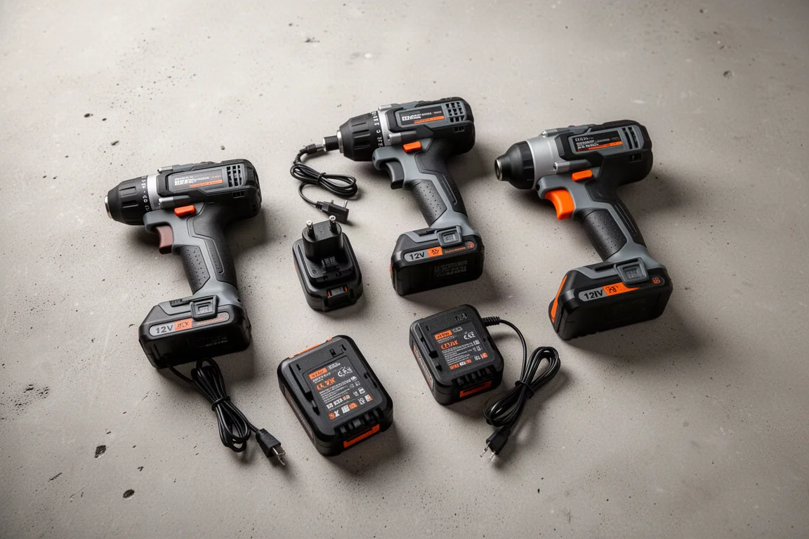 Ferramentas sem fio compactas de 12V dispostas em um bancada de concreto de oficina