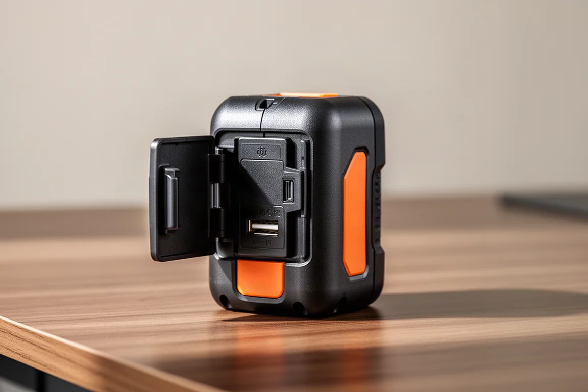 Pacote de bateria pequeno com porta basculante revelando uma porta USB sobre uma mesa de madeira