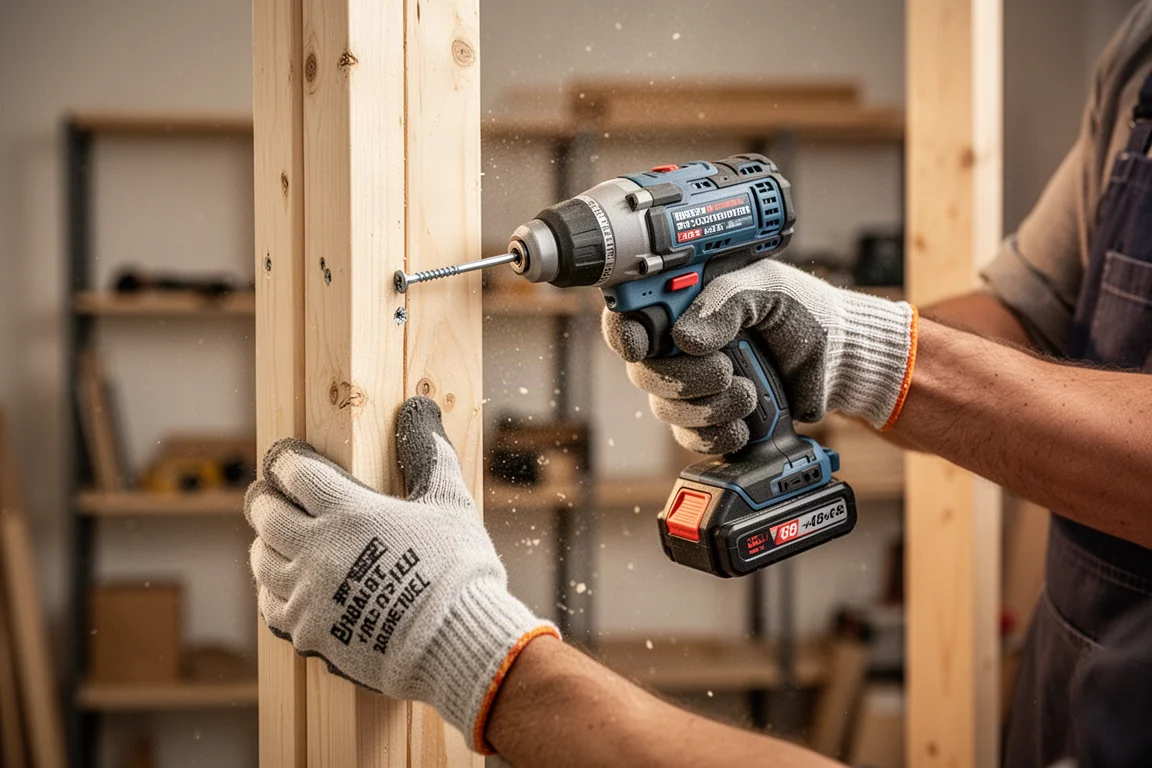 Instalador DIY aparafusando com uma impact driver compacta sem fio