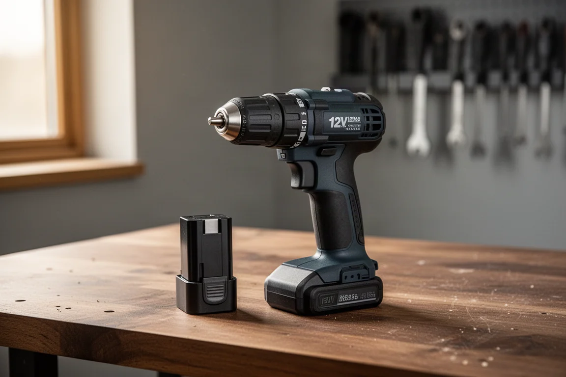 Trapano avvitatore compatto a batteria 12V appoggiato su un banco da lavoro con un pacco batteria accanto