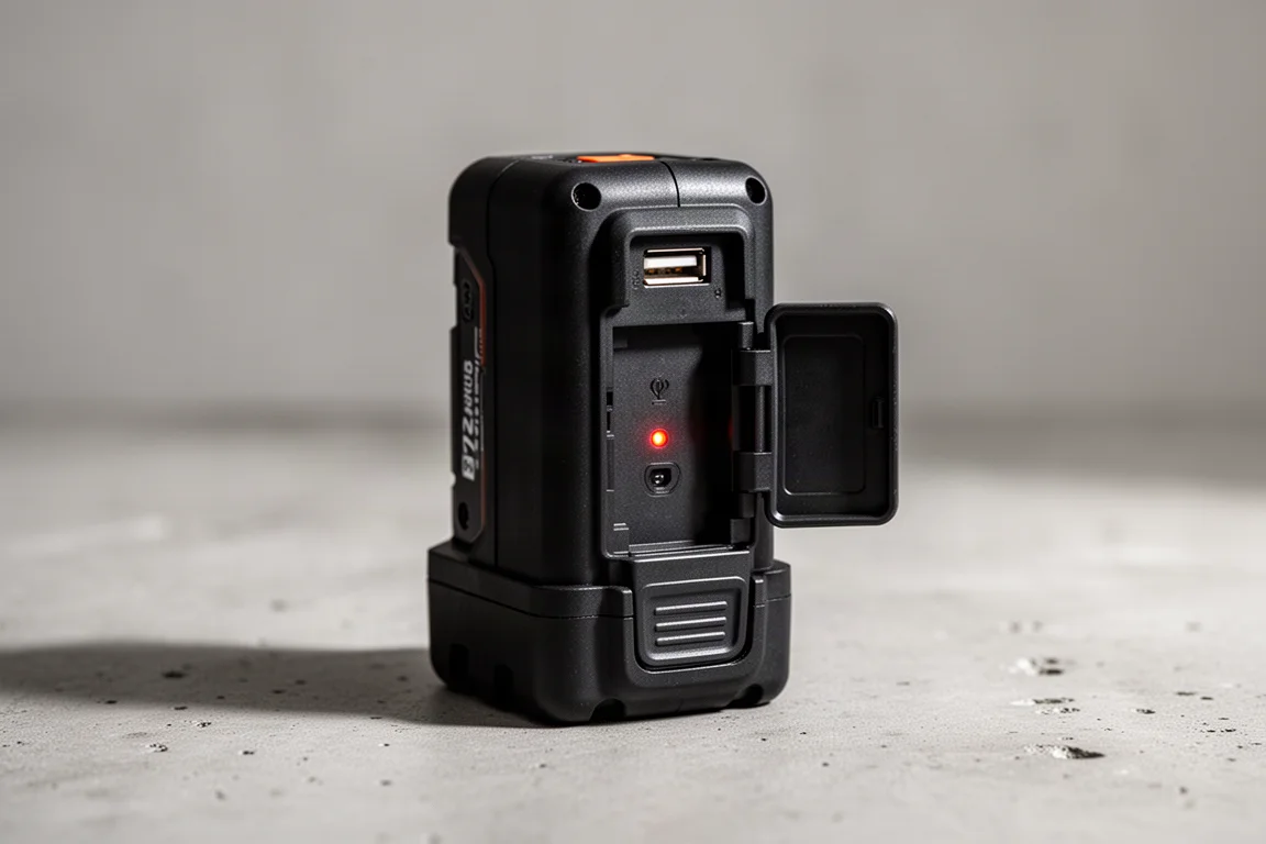 Pacco batteria con un piccolo sportello aperto che rivela una porta USB su un banco da lavoro