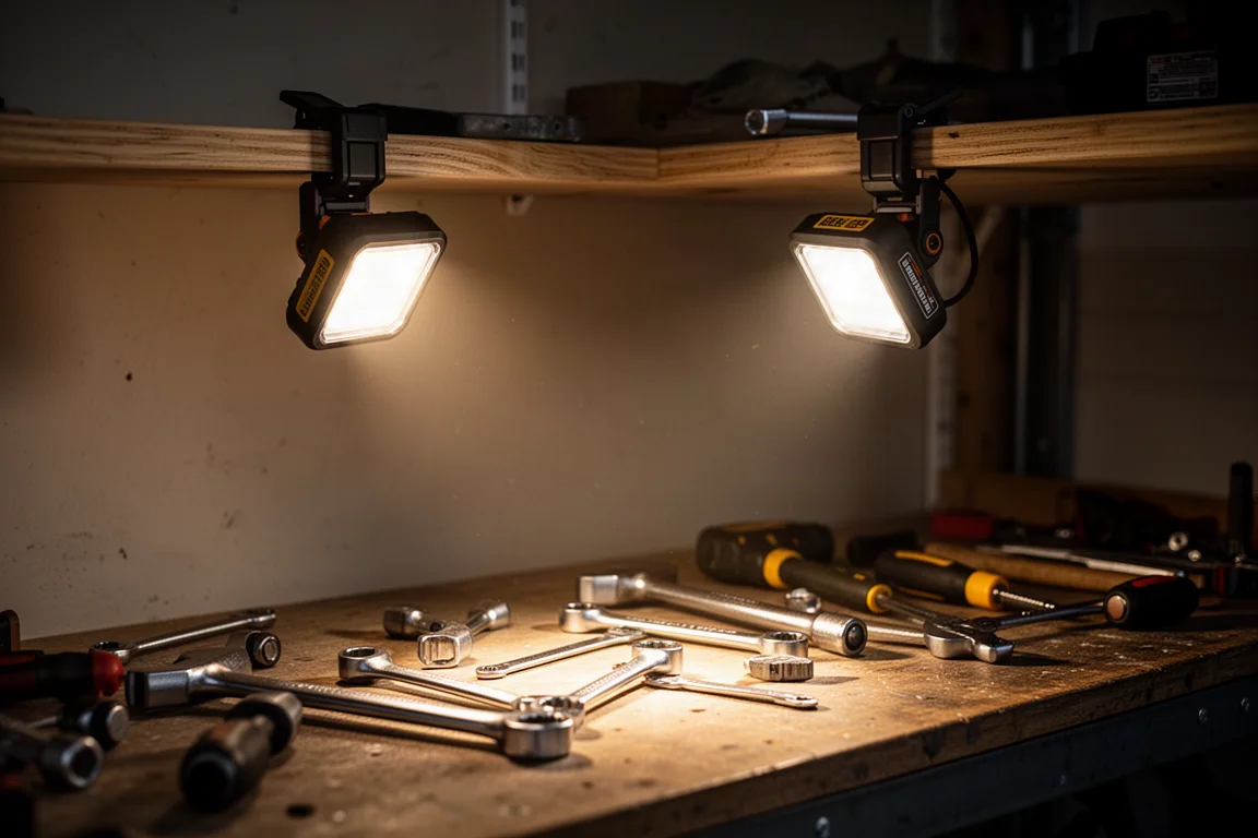 Luce da lavoro agganciata al bordo di uno scaffale che proietta luce calda in un garage in penombra