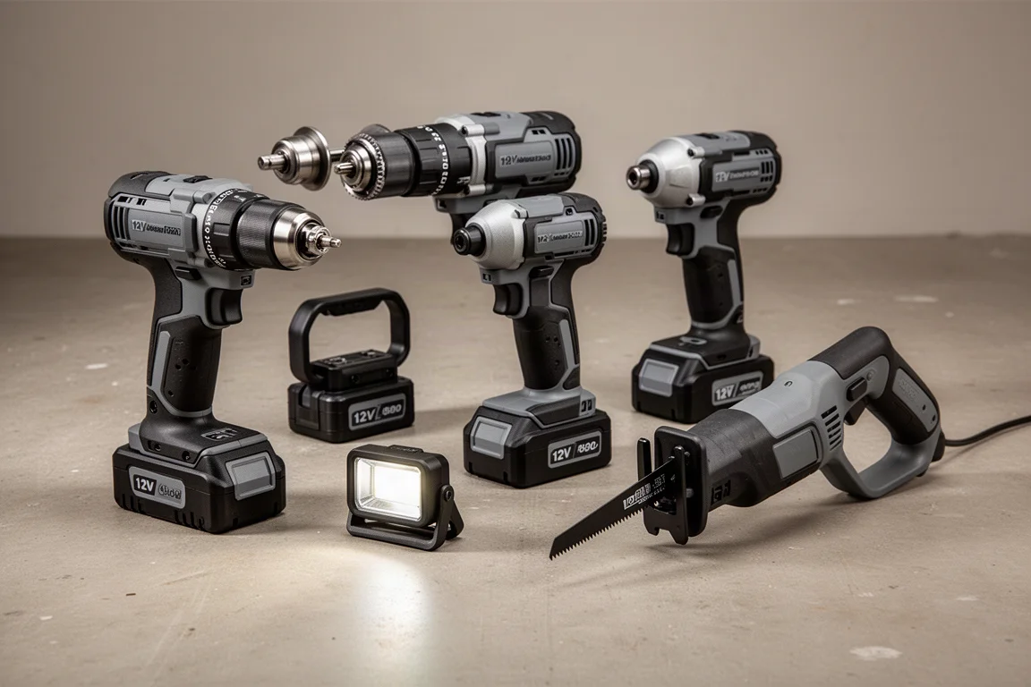 Collection of compact 12V cordless power tools arranged on a concrete workshop floor