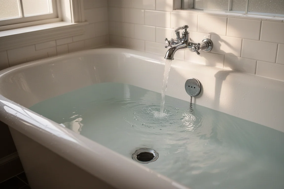 ゆっくりと排水されていく浴槽の水。家庭でよくある詰まりを表現