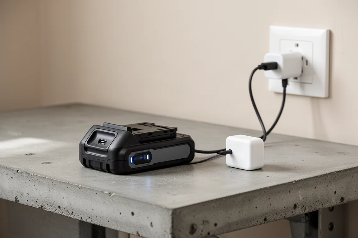 Bateria power bank USB-C conectada a um carregador compacto sobre uma bancada de trabalho