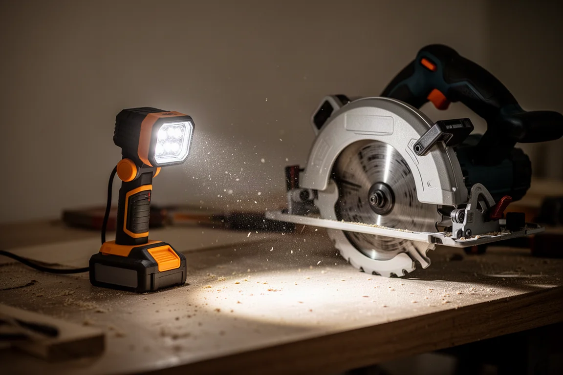 Lampe de travail LED éclairant une zone de coupe sombre sur un établi