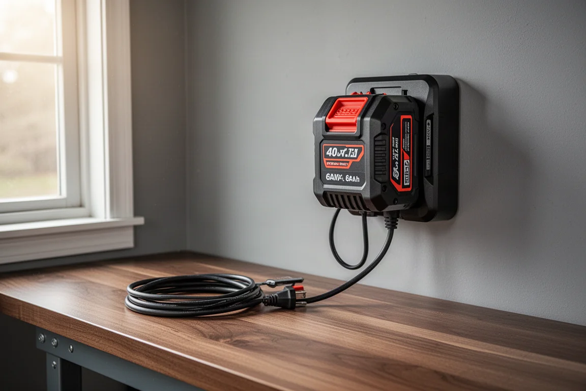 Bateria de 40V 6Ah e carregador sobre uma bancada de garagem