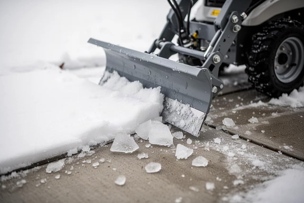 Nahaufnahme der Kunststoff-Schneekante einer Schneefräse, die festsitzendes Eis vom Pflaster entfernt