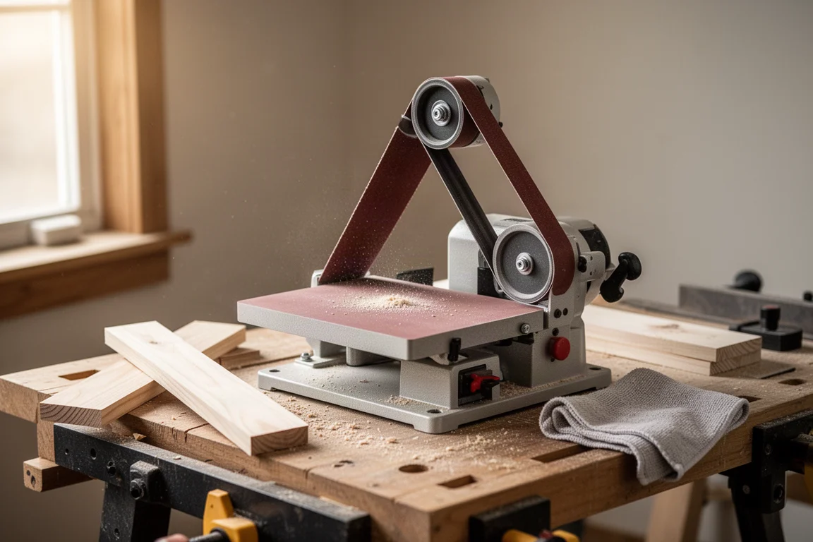 Petit établi d'atelier avec une ponceuse de table, des chutes de bois et de la poussière