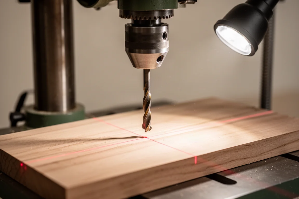 Laser de perceuse à colonne marquant un point de perçage sur une planche de bois